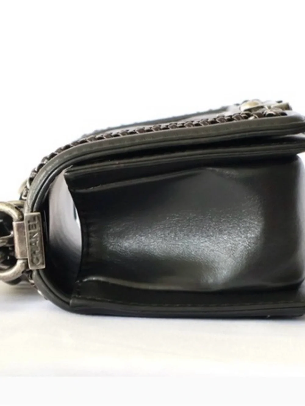 CHANEL Boy 2-Way Chain Shoulder Bag Black Brown Quilted Top Handle 8”